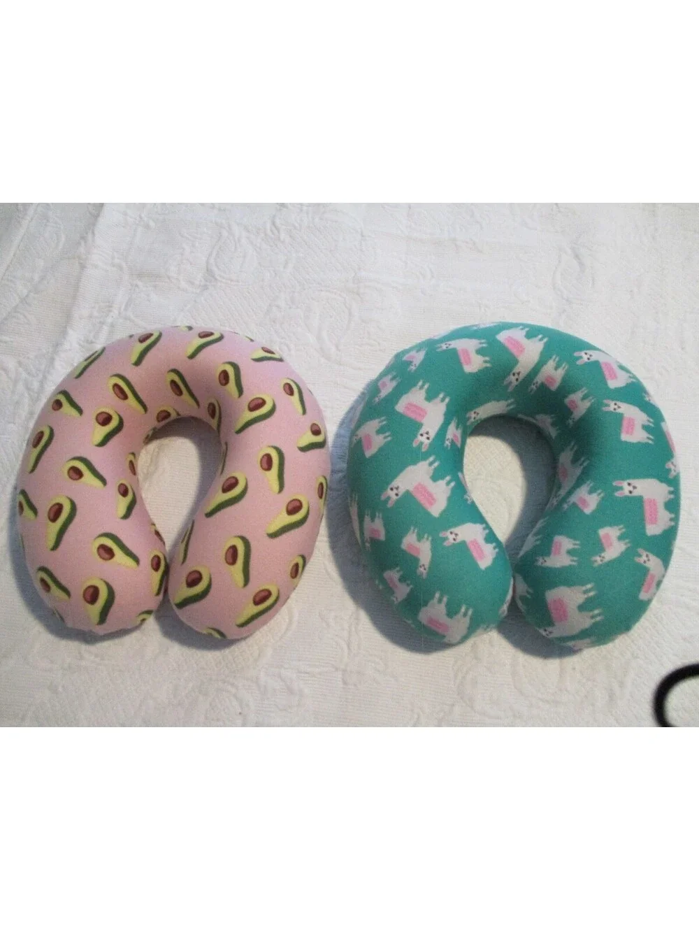 Set of Two Neck Pillows with Llama and Avocado Prints